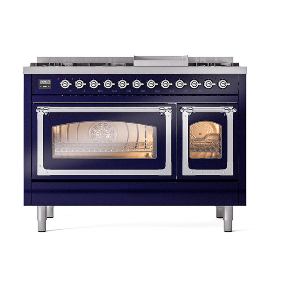 ILVE UN48FNMPMBCLP Nostalgie II Noblesse 48 inch Dual Fuel Range (8 Sealed Burners + Griddle, Liquid Propane, Triple Glass Door, Midnight Blue, Chrome)