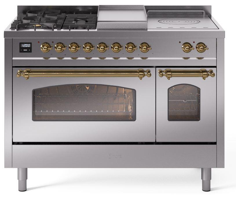 Nostalgie II 48 Inch Dual Fuel Natural Gas Freestanding Range in Stainless Steel with Brass Trim