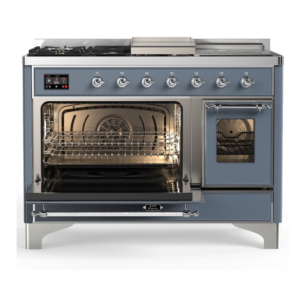 ILVE UM48FSNR3BGCLP Majestic III 48 inch Dual Fuel Range with 5 Black Brass Burners, Griddle and French Top, Dual Function Burner up to 25,000 BTU (Liquid Propane, Triple Glass Door, Blue Grey, Chrome)