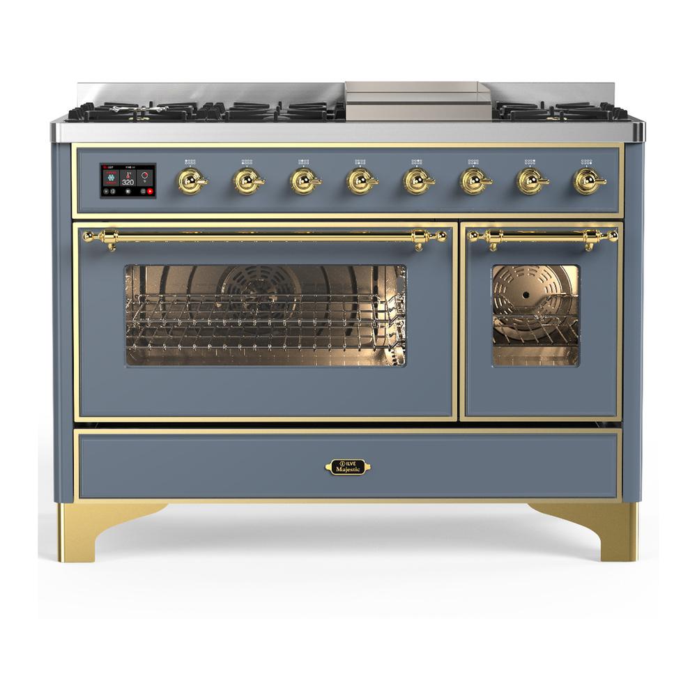 ILVE UM48FNR3BGG Majestic III 48 inch Dual Fuel Range with 8 Burners and Griddle, Dual Function Burner up to 25,000 BTU (Natural Gas, Triple Glass Door, Blue Grey, Brass)
