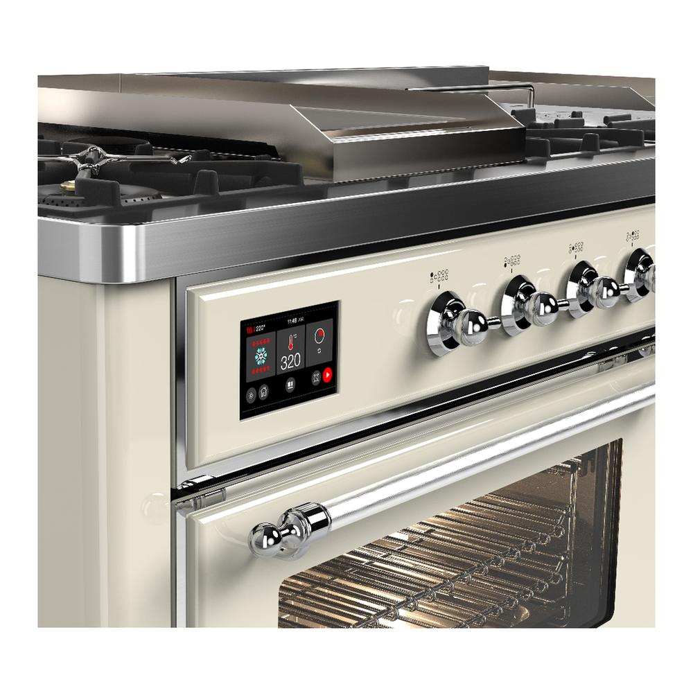 ILVE UM60FSNR3AWCLP Majestic III 60 inch Dual Fuel Range with 7 Burners, Griddle and French Top, Dual Function Burner with up to 25,000 BTU (Liquid Propane, Triple Glass Door, Antique White, Chrome)
