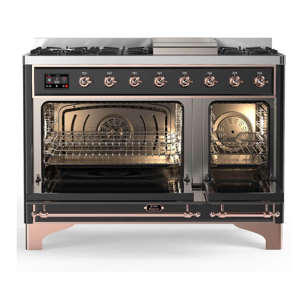 ILVE UM48FNR3MGP Majestic III 48 inch Dual Fuel Range with 8 Burners and Griddle, Dual Function Burner up to 25,000 BTU (Natural Gas, Triple Glass Door, Graphite Matte, Copper)