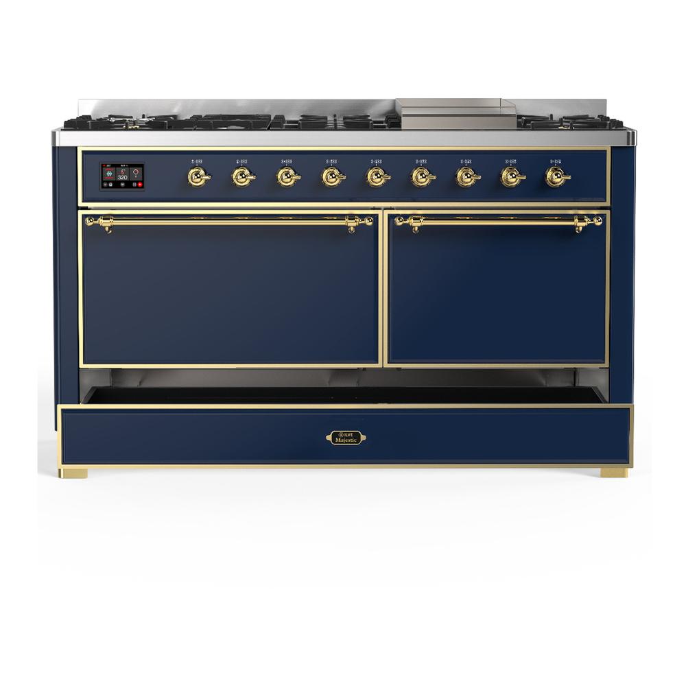ILVE UM60FQNR3MBG Majestic III 60 inch Dual Fuel Range with 9 Burners and Griddle, Dual Function Burner up to 25,000 BTU (Natural Gas, Solid Door, Midnight Blue, Brass)