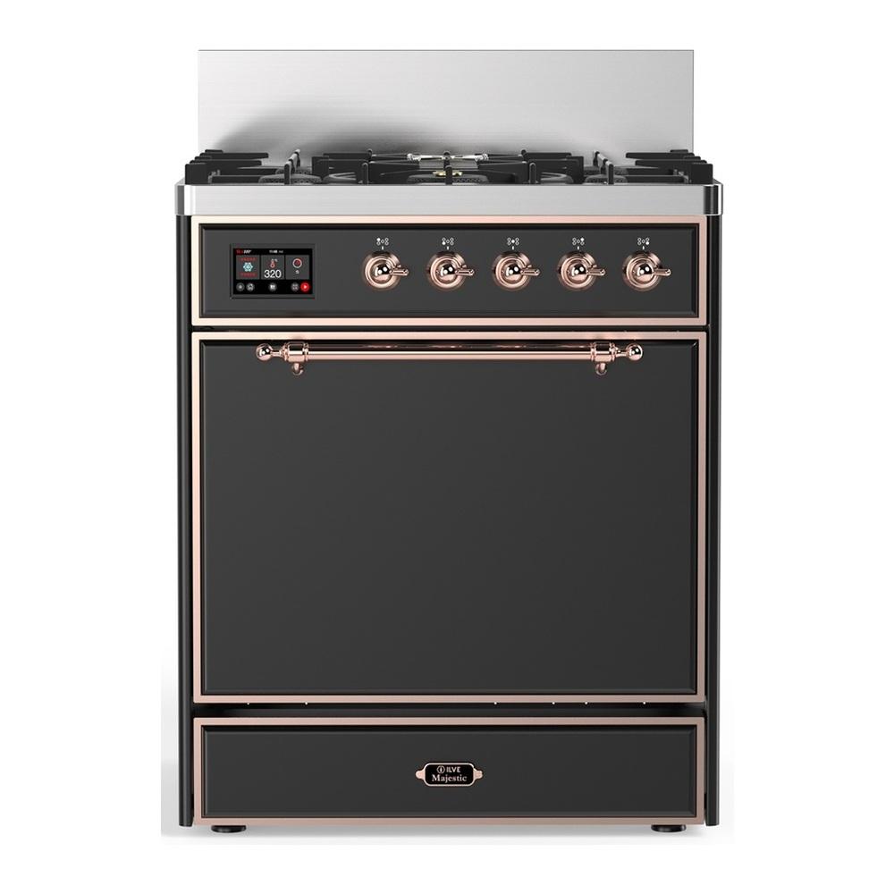 ILVE UM30QNR3MGPLP Majestic III 30 inch Dual Fuel Range with 5 Black Brass Burners, Dual Function Burner up to 25,000 BTU (Liquid Propane, Solid Door, Graphite Matte, Copper)