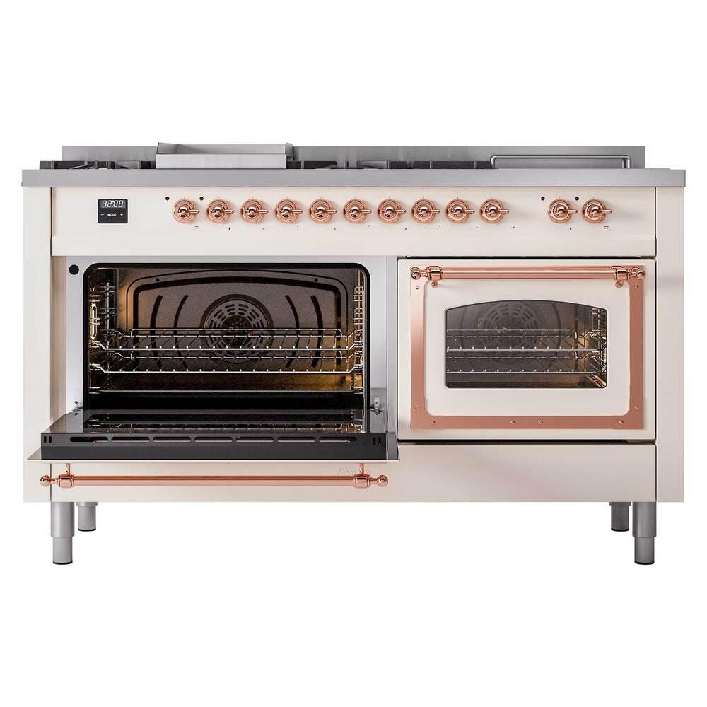 ILVE UN60FSNMPAWP Nostalgie II Noblesse 60 inch Dual Fuel Range (7 Sealed Burners + Griddle + French Top, Natural Gas, Triple Glass Door, Antique White, Copper)