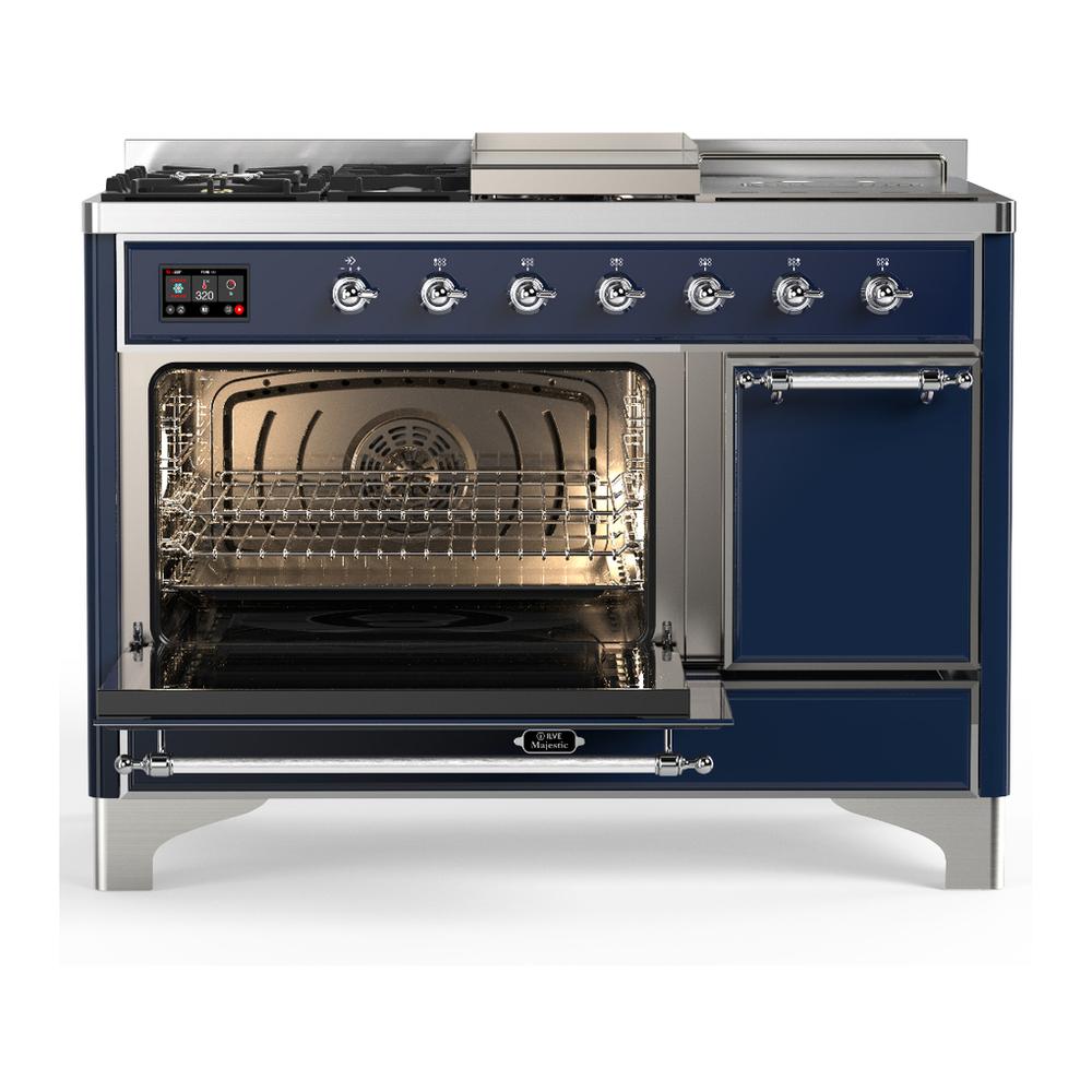 ILVE UM48FSQNR3MBC Majestic III 48 inch Dual Fuel Range with 5 Black Brass Burners, Griddle and French Top, Dual Function Burner up to 25,000 BTU (Natural Gas, Solid Door, Midnight Blue, Chrome)