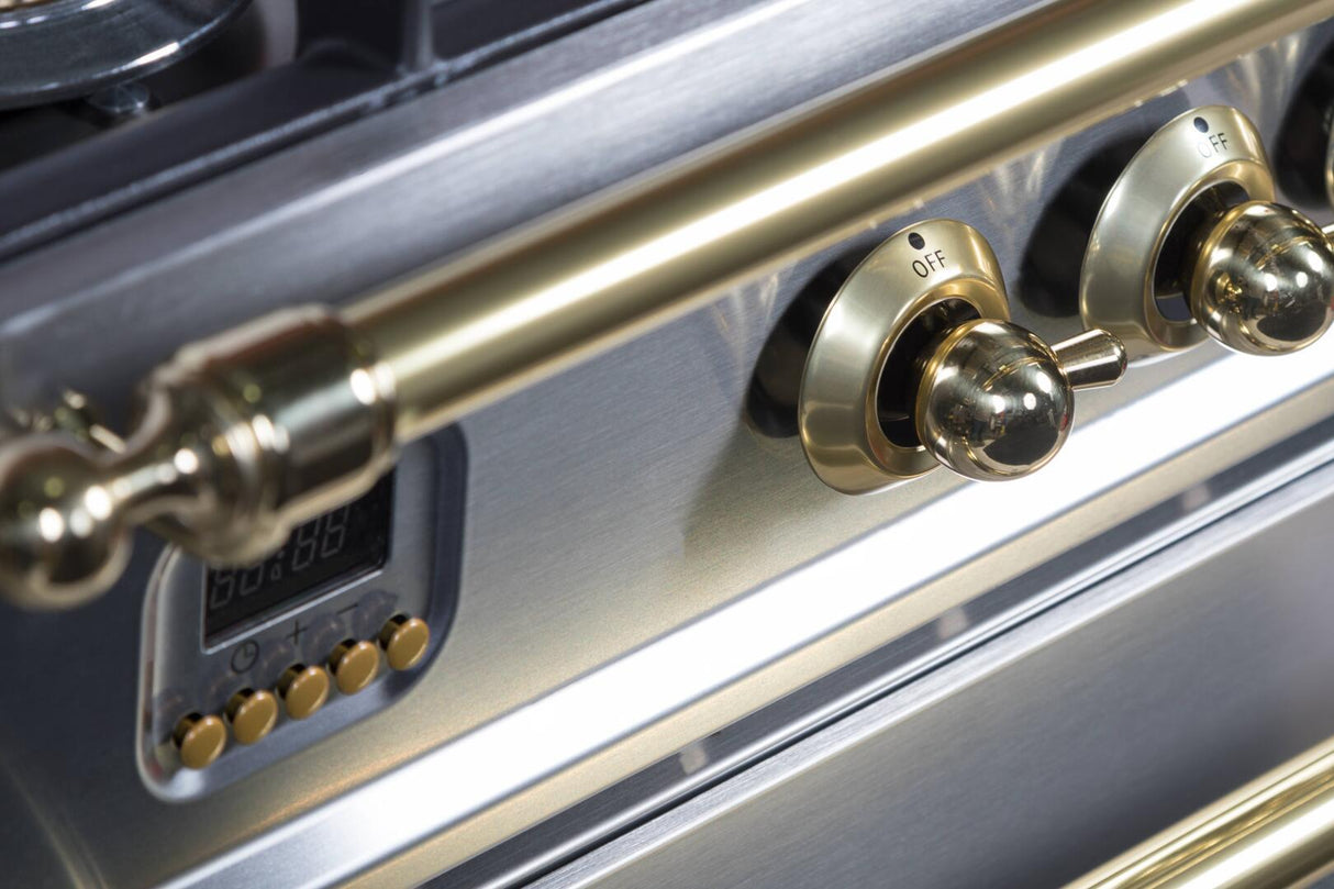Nostalgie 30 Inch Dual Fuel Natural Gas Freestanding Range in Stainless Steel with Brass Trim