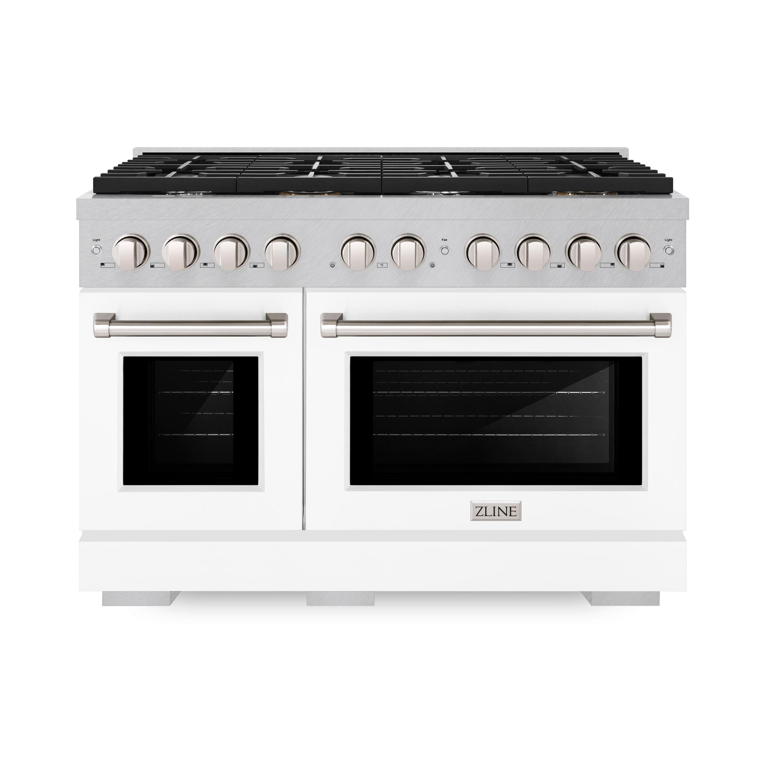 ZLINE 48 in. 6.7 cu. ft. 8 Burner Double Oven Gas Range in DuraSnow' Stainless Steel with White Matte Doors (SGRS-WM-48)