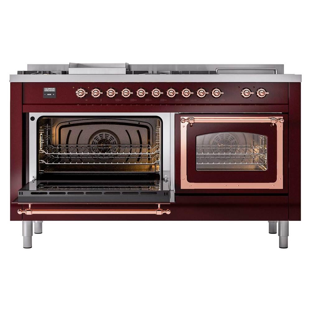 ILVE UN60FSNMPBUP Nostalgie II Noblesse 60 inch Dual Fuel Range (7 Sealed Burners + Griddle + French Top, Natural Gas, Triple Glass Door, Burgundy, Copper)