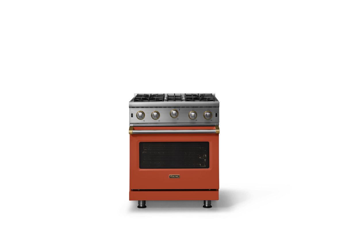 30"W. Open Burner Gas Range (Finish: Spiced Cider, Trim: Brushed Brass, Fuel: Propane)