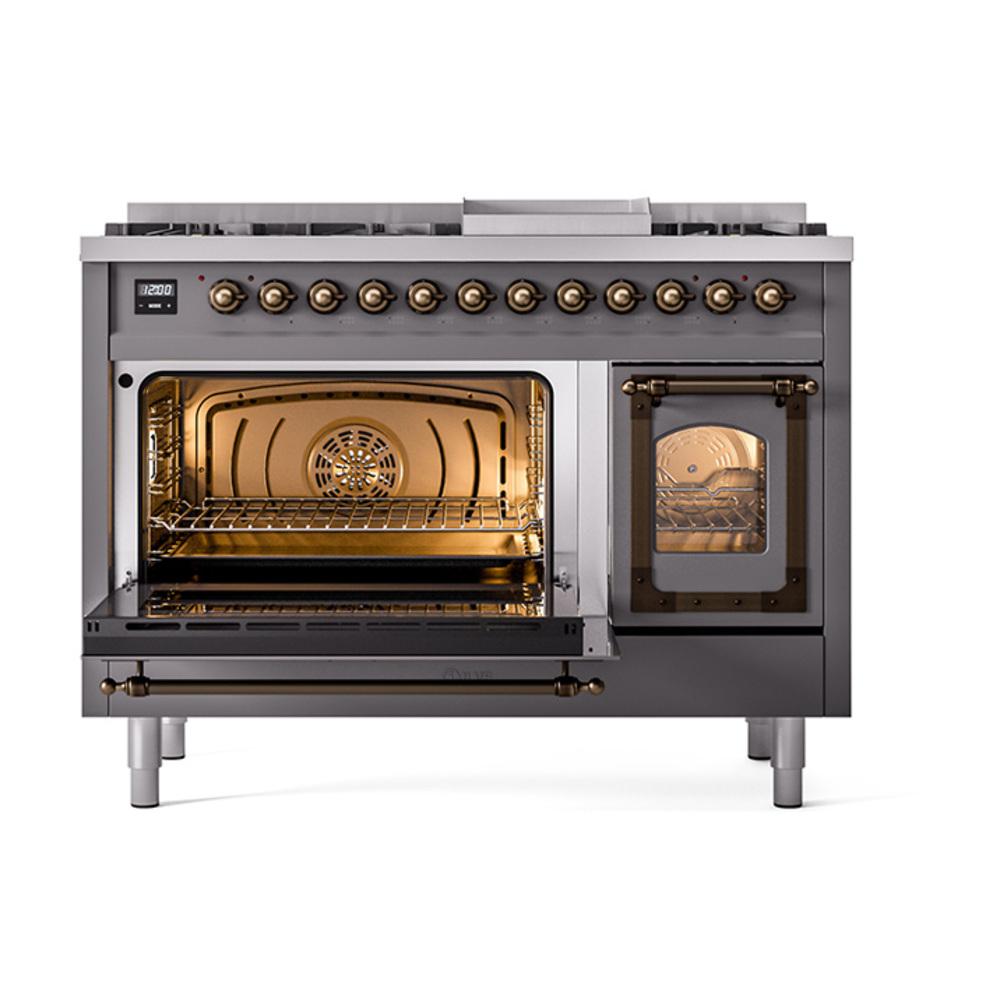 ILVE UN48FNMPMGBLP Nostalgie II Noblesse 48 inch Dual Fuel Range (8 Sealed Burners + Griddle, Liquid Propane, Triple Glass Door, Graphite Matte, Burnished)