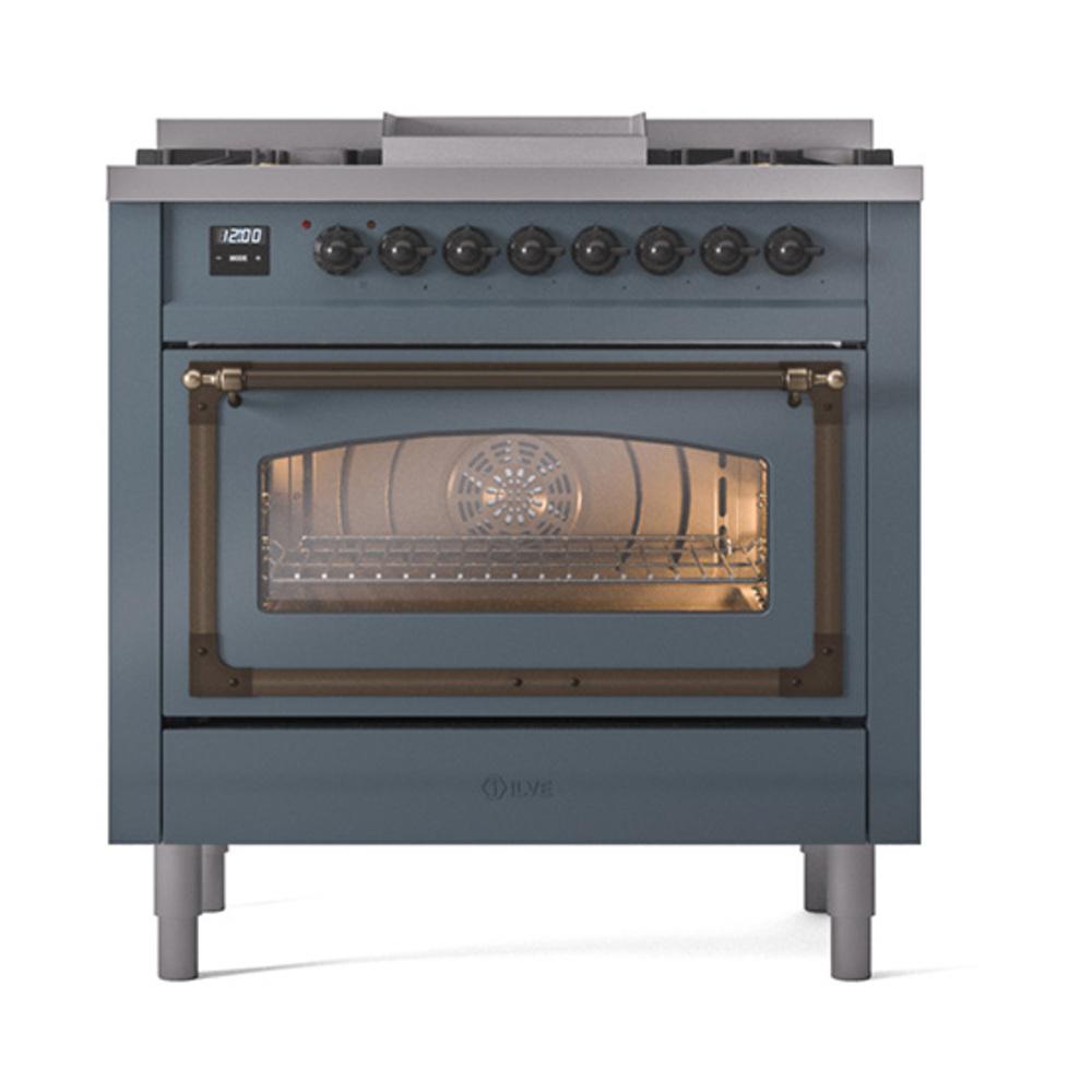 ILVE UN36FNMPBGB Nostalgie II Noblesse 36 inch Dual Fuel Range (Natural Gas, Triple Glass Door, Blue Grey, Burnished)