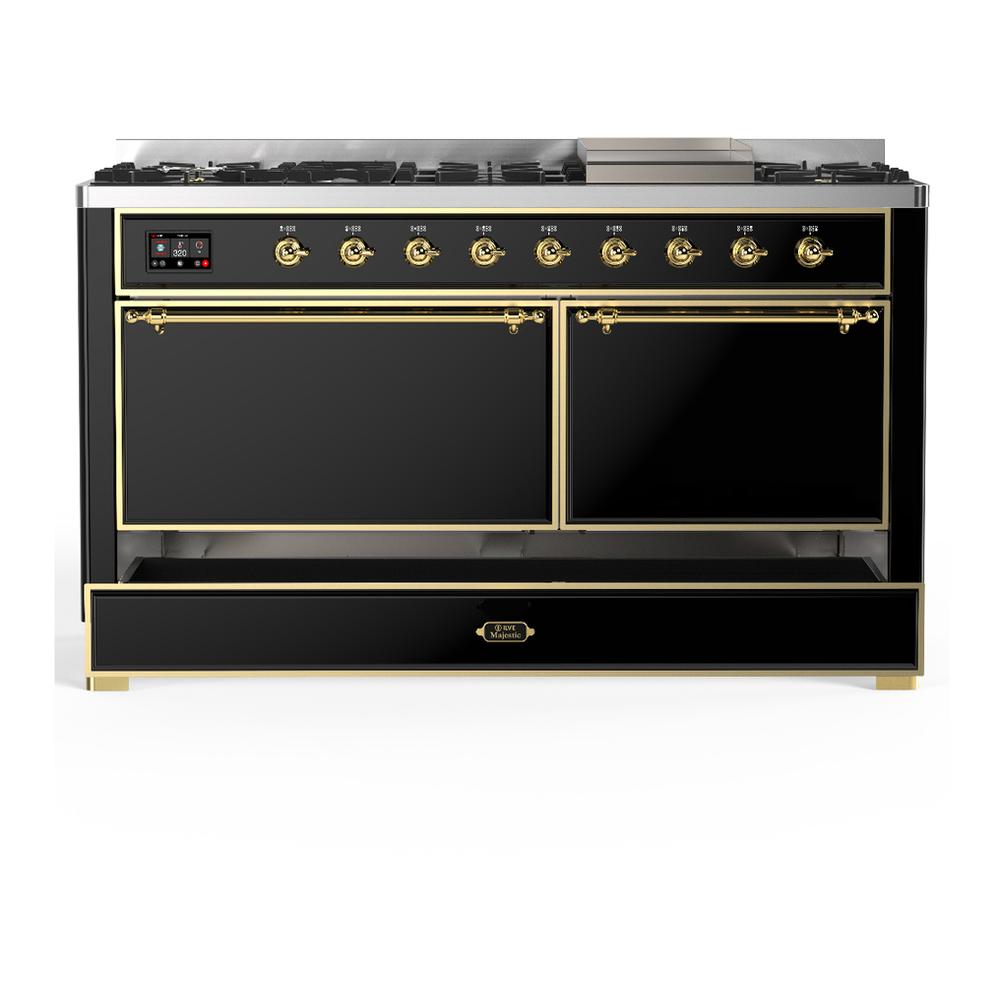 ILVE UM60FQNR3BKGLP Majestic III 60 inch Dual Fuel Range with 9 Burners and Griddle, Dual Function Burner up to 25,000 BTU (Liquid Propane, Solid Door, Glossy Black, Brass)