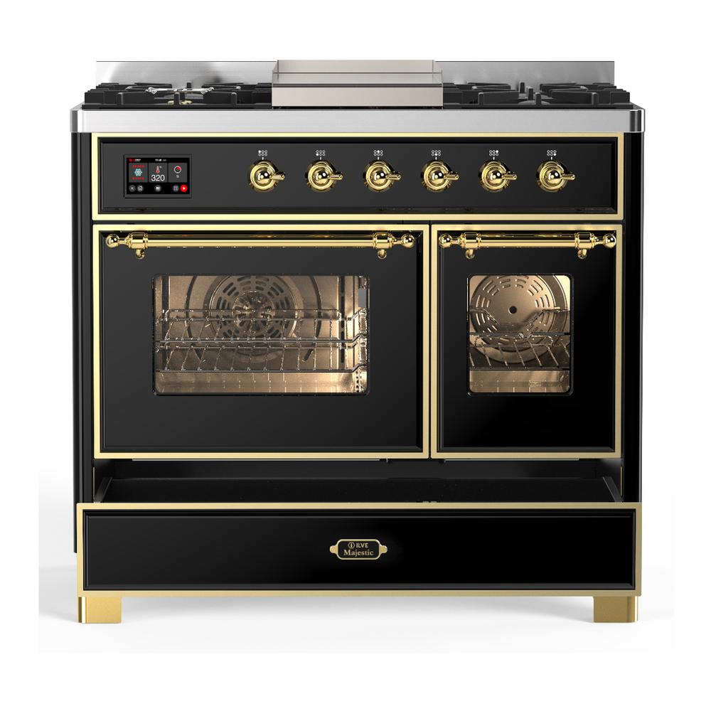 ILVE UMD40FNR3BKGLP Majestic III 40 inch Dual Fuel Range with 6 Burners and Griddle, Dual Function Burner up to 25,000 BTU (Liquid Propane, Triple Glass Door, Glossy Black, Brass)