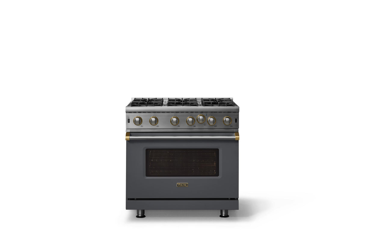36"W. Open Burner Gas Range (Finish: Cast Black, Trim: Brushed Brass, Fuel: Propane)
