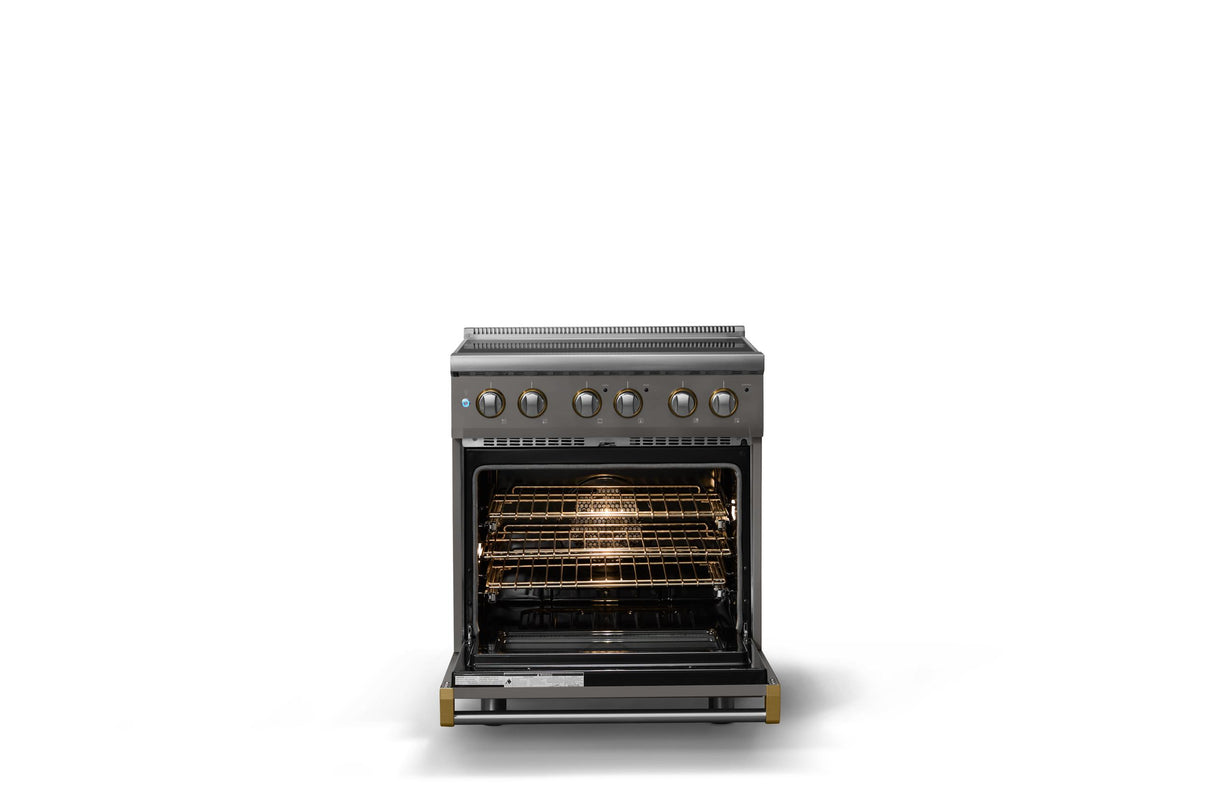30"W. Electric Range (Finish: Damascus Gray, Trim: Brushed Brass)
