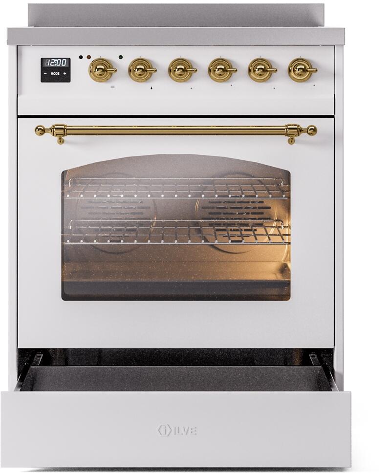 Nostalgie II 30 Inch Electric Freestanding Range in White with Brass Trim