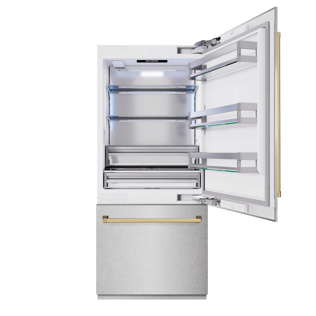 ZLINE Autograph Edition 36 in. 19.8 cu. ft. Built-In Bottom Freezer Refrigerator with Water Dispenser and Ice Maker in DuraSnow' Stainless Steel and Polished Gold Accents (RBITZ-SN-36-G)