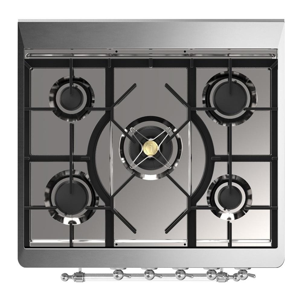 ILVE UM30NR3BGC Majestic III 30 inch Dual Fuel Range with 5 Black Brass Burners, Dual Function Burner up to 25,000 BTU (Natural Gas, Triple Glass Door, Blue Grey, Chrome)