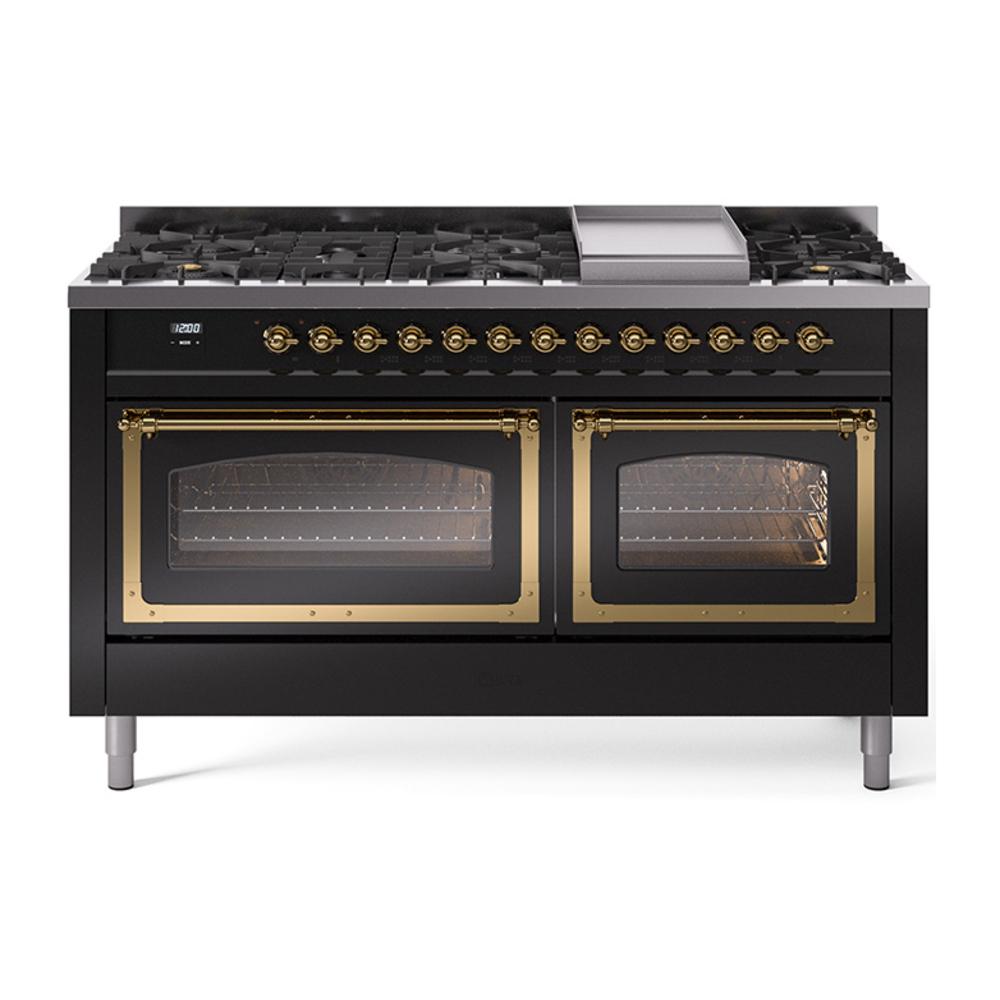 ILVE UN60FNMPBKG Nostalgie II Noblesse 60 inch Dual Fuel Range (9 Sealed Burners + Griddle, Natural Gas, Triple Glass Door, Glossy Black, Brass)
