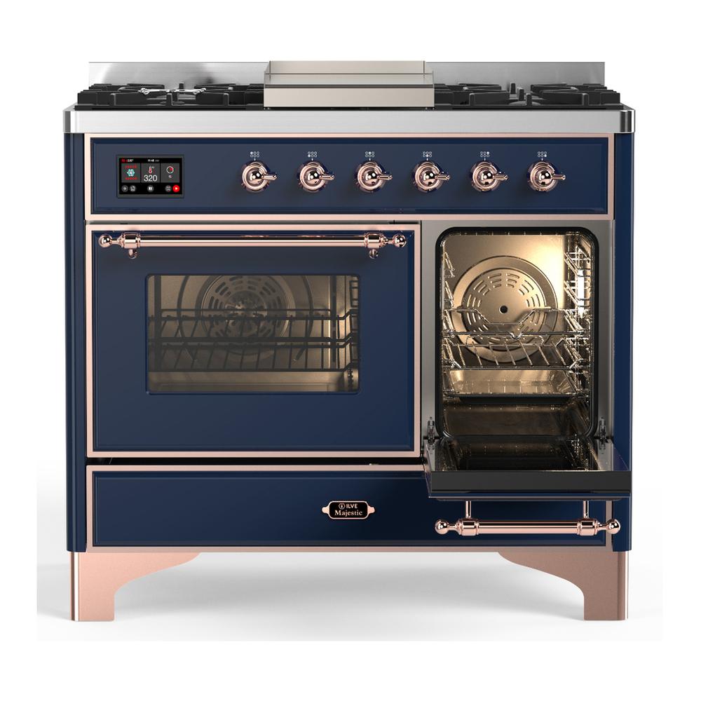 ILVE UMD40FNR3MBPLP Majestic III 40 inch Dual Fuel Range with 6 Burners and Griddle, Dual Function Burner up to 25,000 BTU (Liquid Propane, Triple Glass Door, Midnight Blue, Copper)