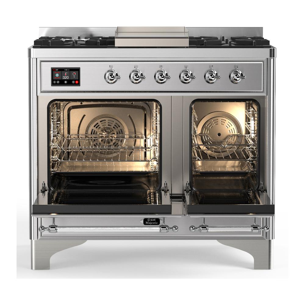 ILVE UMD40FQNR3SSC Majestic III 40 inch Dual Fuel Range with 6 Burners and Griddle, Dual Function Burner up to 25,000 BTU (Natural Gas, Solid Door, Stainless Steel, Chrome)