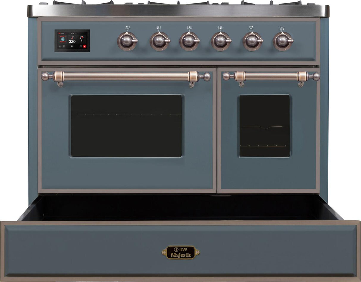 Majestic II 40 Inch Dual Fuel Natural Gas Freestanding Range in Blue Grey with Bronze Trim