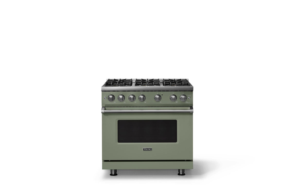 36"W. Sealed Burner Gas Range (Burner: 6b, Finish: Eucalyptus, Trim: Polished Chrome, Fuel: Propane)