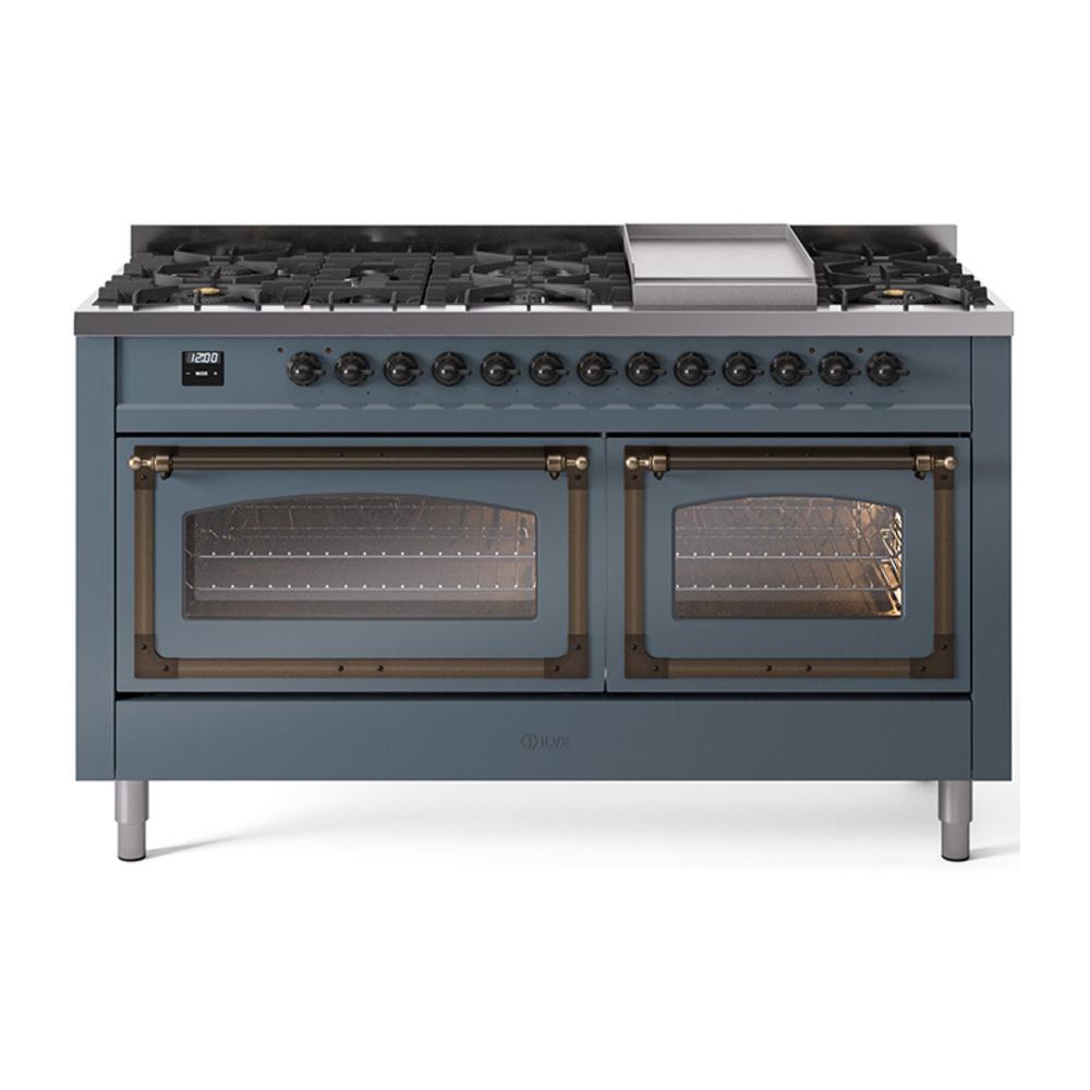 ILVE UN60FNMPBGB Nostalgie II Noblesse 60 inch Dual Fuel Range (9 Sealed Burners + Griddle, Natural Gas, Triple Glass Door, Blue Grey, Burnished)