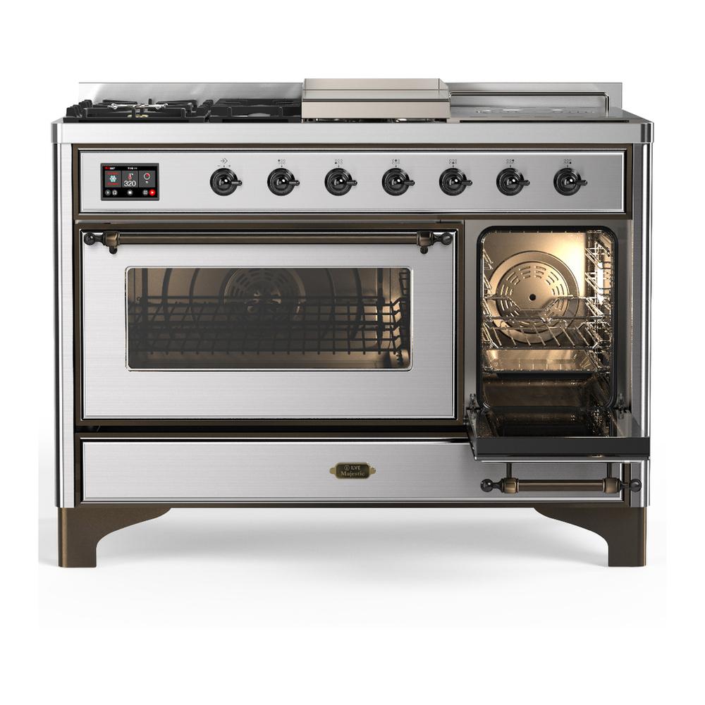 ILVE UM48FSNR3SSB Majestic III 48 inch Dual Fuel Range with 5 Black Brass Burners, Griddle and French Top, Dual Function Burner up to 25,000 BTU (Natural Gas, Triple Glass Door, Stainless Steel, Burnished)