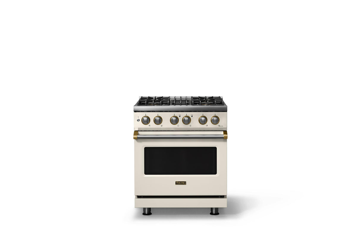 30"W. Dual Fuel Range (Finish: Pure White, Trim: Brushed Brass, Fuel: Propane)
