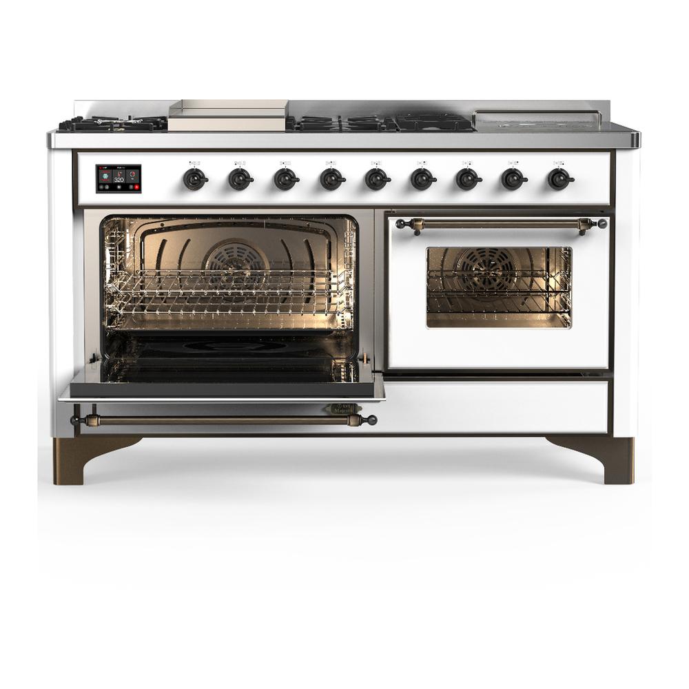 ILVE UM60FSNR3WHB Majestic III 60 inch Dual Fuel Range with 7 Burners, Griddle and French Top, Dual Function Burner with up to 25,000 BTU (Natural Gas, Triple Glass Door, White, Burnished)