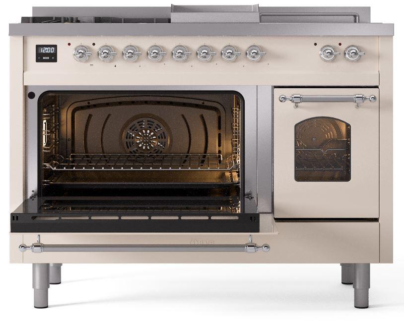 Nostalgie II 48 Inch Dual Fuel Natural Gas Freestanding Range in Antique White with Chrome Trim