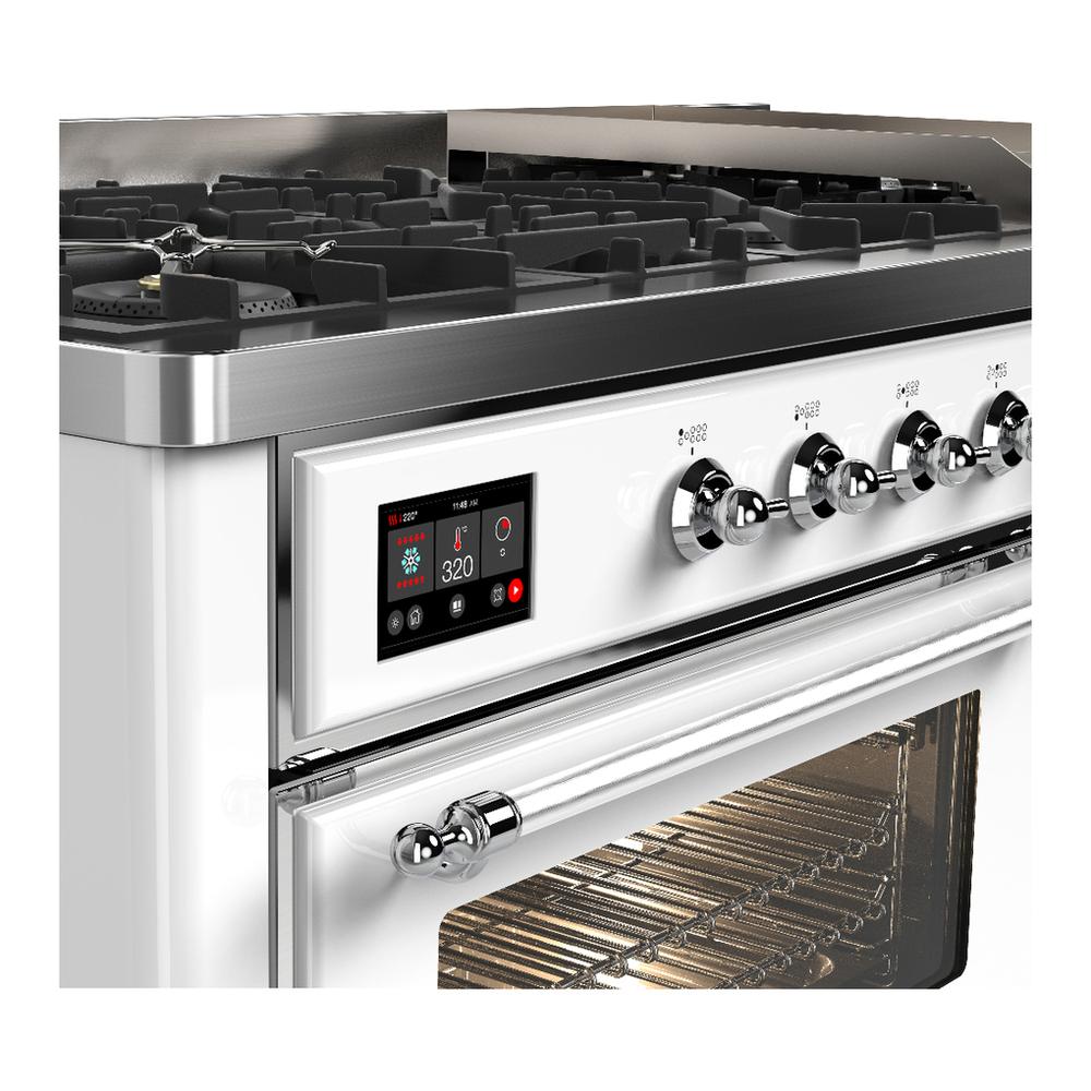 ILVE UM60FNR3WHCLP Majestic III 60 inch Dual Fuel Range with 9 Burners and Griddle, Dual Function Burner up to 25,000 BTU (Liquid Propane, Triple Glass Door, White, Chrome)