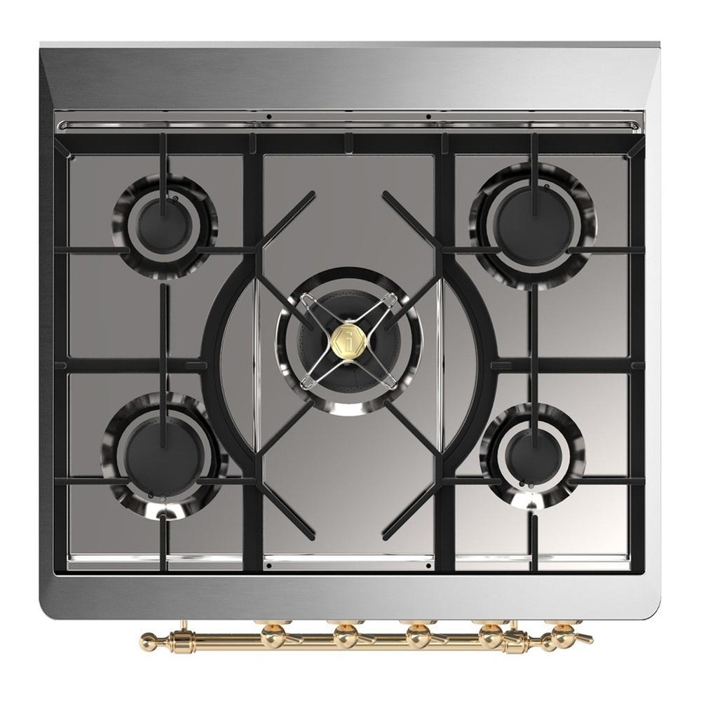 ILVE UM30QNR3RAG Majestic III 30 inch Dual Fuel Range with 5 Black Brass Burners, Dual Function Burner up to 25,000 BTU (Natural Gas, Solid Door, RAL, Brass)