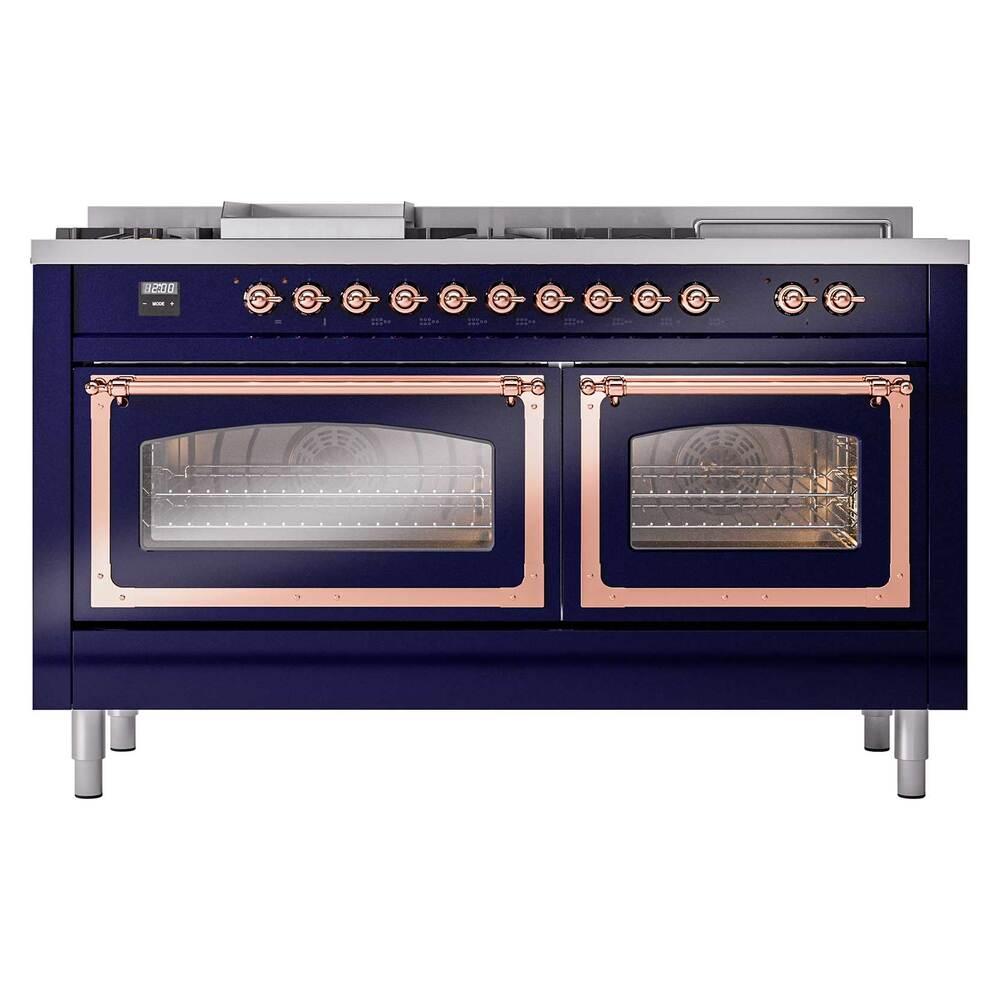 ILVE UN60FSNMPMBPLP Nostalgie II Noblesse 60 inch Dual Fuel Range (7 Sealed Burners + Griddle + French Top, Liquid Propane, Triple Glass Door, Midnight Blue, Copper)