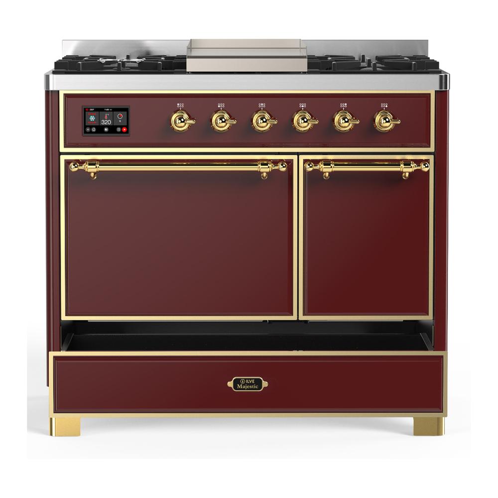 ILVE UMD40FQNR3BUG Majestic III 40 inch Dual Fuel Range with 6 Burners and Griddle, Dual Function Burner up to 25,000 BTU (Natural Gas, Solid Door, Burgundy, Brass)