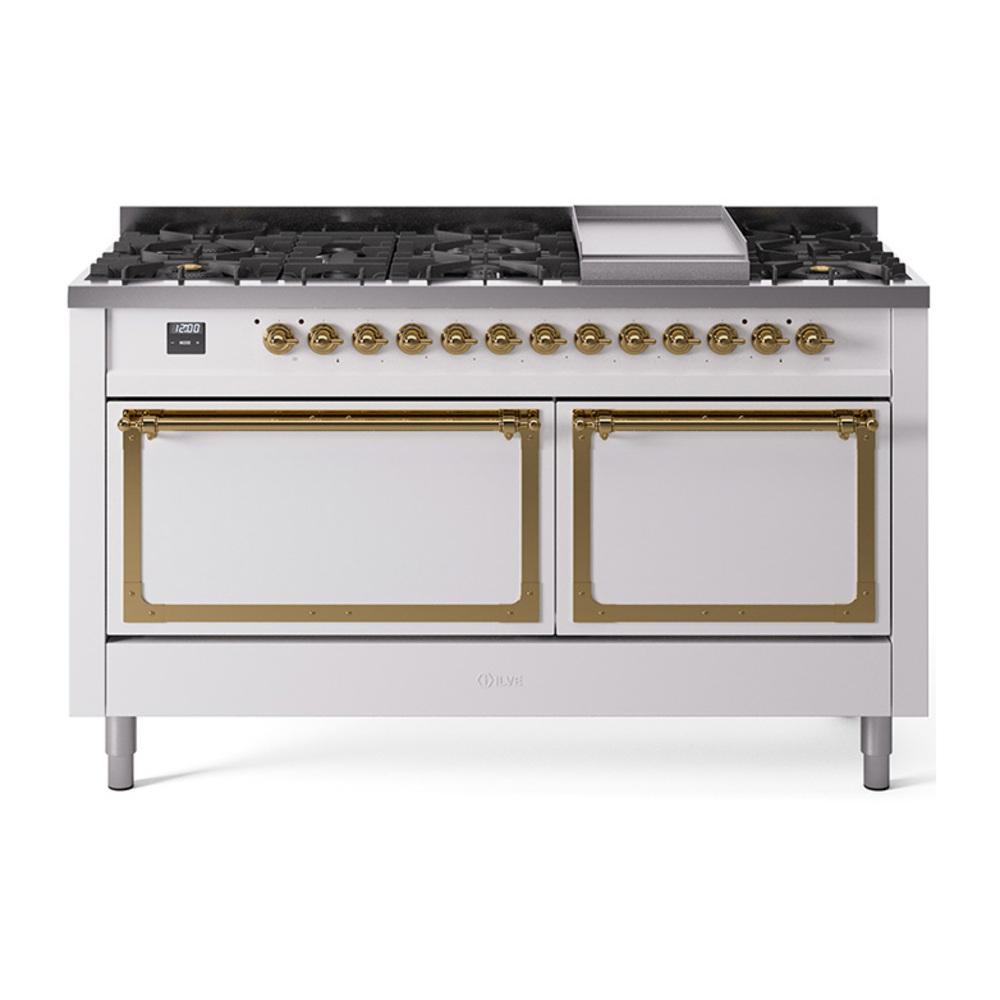 ILVE UN60FQNMPWHGLP Nostalgie II Noblesse 60 inch Dual Fuel Range (9 Sealed Burners + Griddle, Liquid Propane, Solid Door, White, Brass)