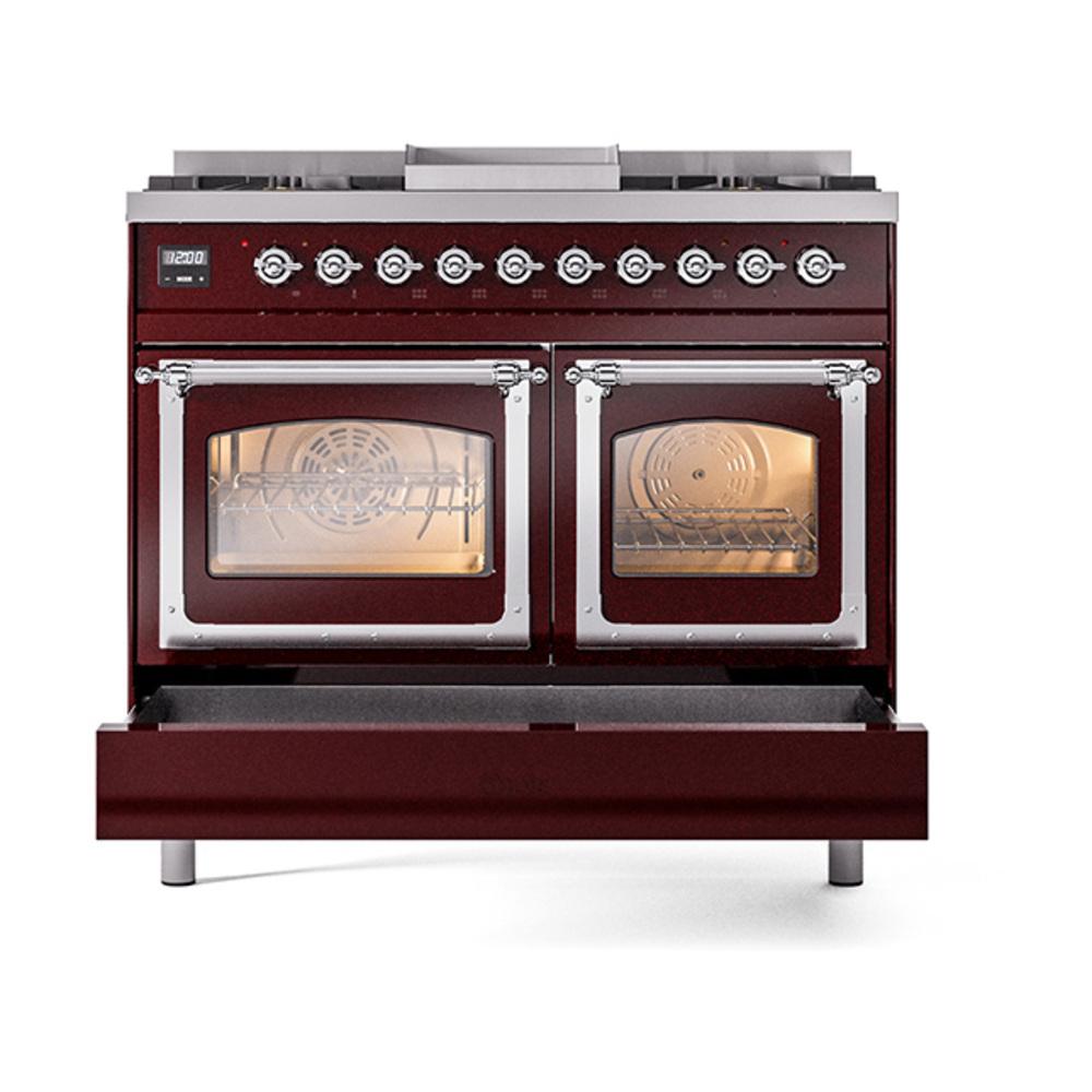 ILVE UND40FNMPBUCLP Nostalgie II Noblesse 40 inch Dual Fuel Range (Liquid Propane, Triple Glass Door, Burgundy, Chrome)