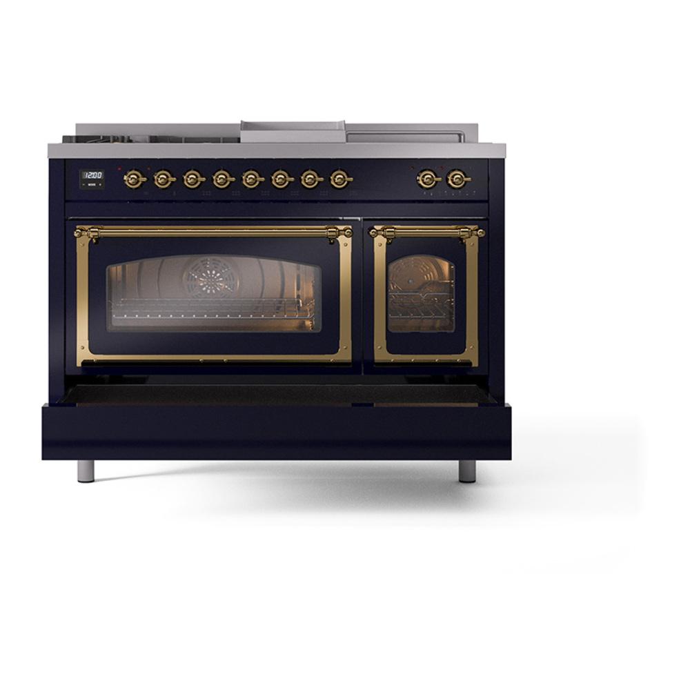 ILVE UN48FSNMPMBG Nostalgie II Noblesse 48 inch Dual Fuel Range (5 Sealed Burners + Griddle + French Top, Natural Gas, Triple Glass Door, Midnight Blue, Brass)