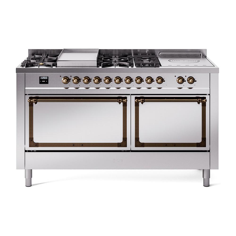 ILVE UN60FSQNMPSSB Nostalgie II Noblesse 60 inch Dual Fuel Range (7 Sealed Burners + Griddle + French Top, Natural Gas, Solid Door, Stainless Steel, Burnished)
