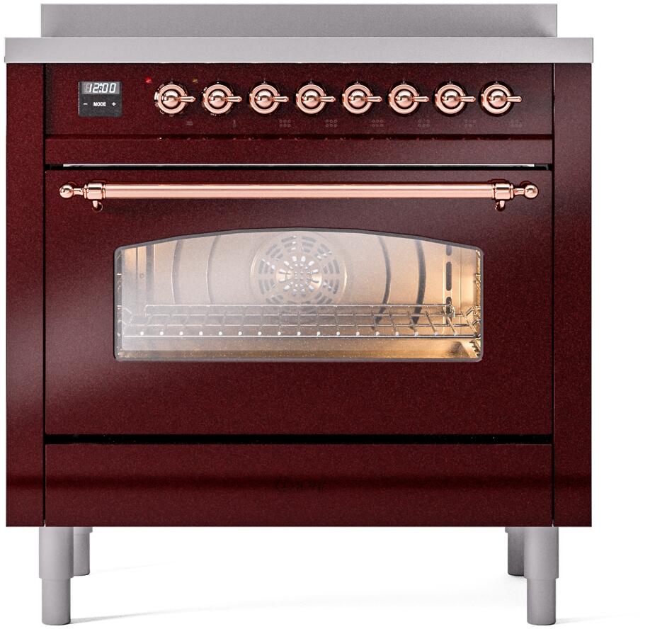 Nostalgie II 36 Inch Electric Freestanding Range in Burgundy with Copper Trim