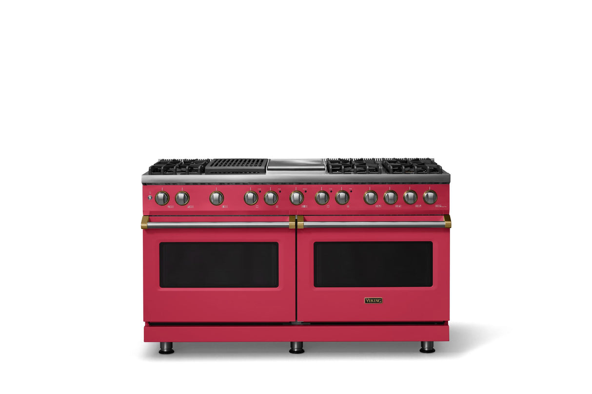 60"W.Dual Fuel Range (Finish: Valentine, Trim: Brushed Brass, Fuel: Natural Gas)