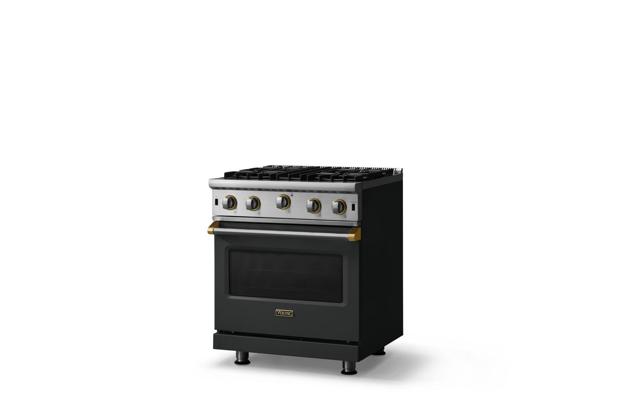 30"W. Open Burner Gas Range (Finish: Antique Bronze, Trim: Brushed Brass, Fuel: Natural Gas)