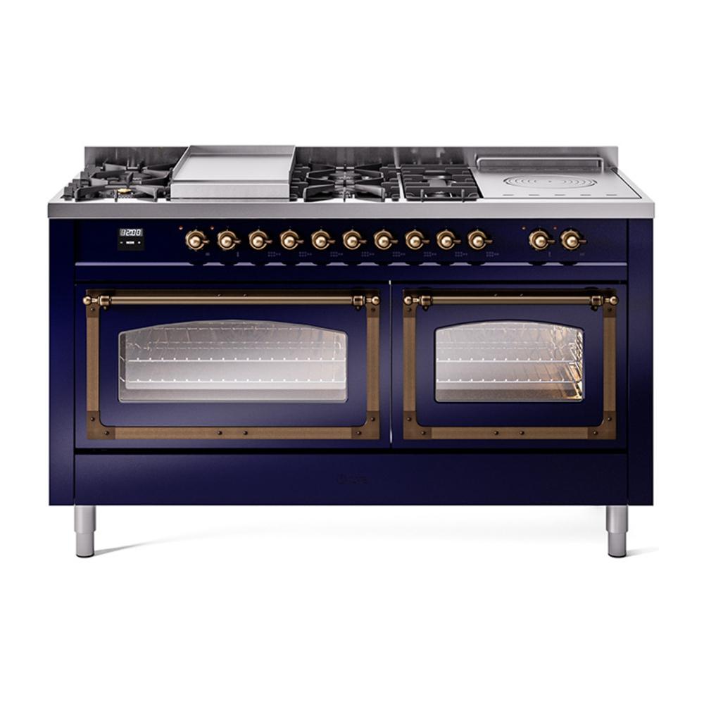 ILVE UN60FSNMPMBB Nostalgie II Noblesse 60 inch Dual Fuel Range (7 Sealed Burners + Griddle + French Top, Natural Gas, Triple Glass Door, Midnight Blue, Burnished)
