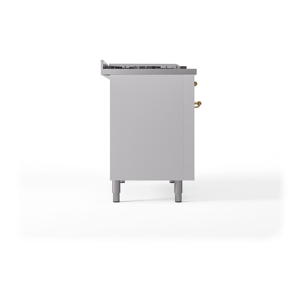 ILVE UN48FSQNMPWHG Nostalgie II Noblesse 48 inch Dual Fuel Range (5 Sealed Burners + Griddle + French Top, Natural Gas, Solid Door, White, Brass)
