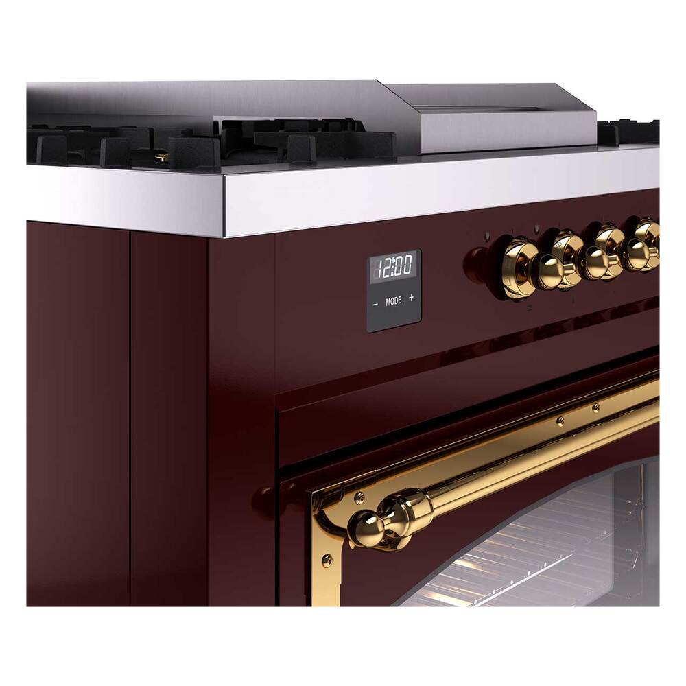 ILVE UN60FSNMPBUGLP Nostalgie II Noblesse 60 inch Dual Fuel Range (7 Sealed Burners + Griddle + French Top, Liquid Propane, Triple Glass Door, Burgundy, Brass)
