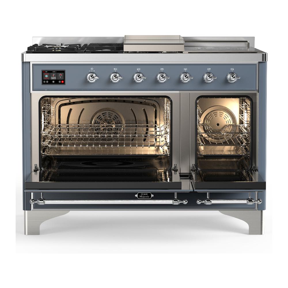 ILVE UM48FSNR3BGC Majestic III 48 inch Dual Fuel Range with 5 Black Brass Burners, Griddle and French Top, Dual Function Burner up to 25,000 BTU (Natural Gas, Triple Glass Door, Blue Grey, Chrome)