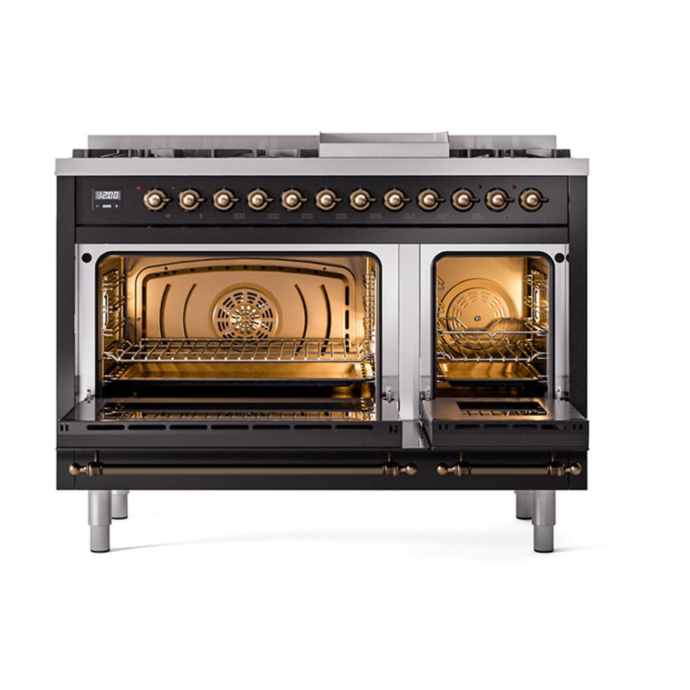 ILVE UN48FNMPBKBLP Nostalgie II Noblesse 48 inch Dual Fuel Range (8 Sealed Burners + Griddle, Liquid Propane, Triple Glass Door, Glossy Black, Burnished)