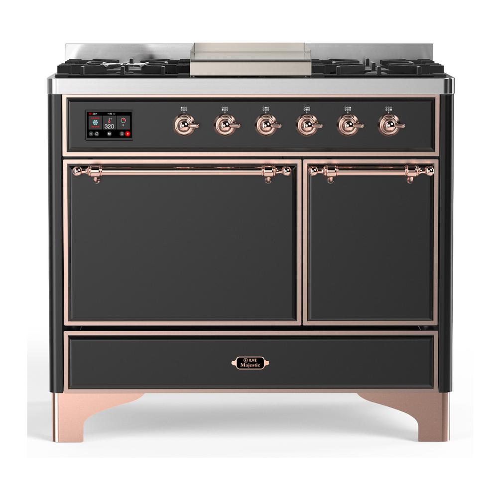 ILVE UMD40FQNR3MGP Majestic III 40 inch Dual Fuel Range with 6 Burners and Griddle, Dual Function Burner up to 25,000 BTU (Natural Gas, Solid Door, Graphite Matte, Copper)